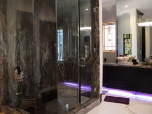 Frameless glass shower enclosure in a modern bathroom